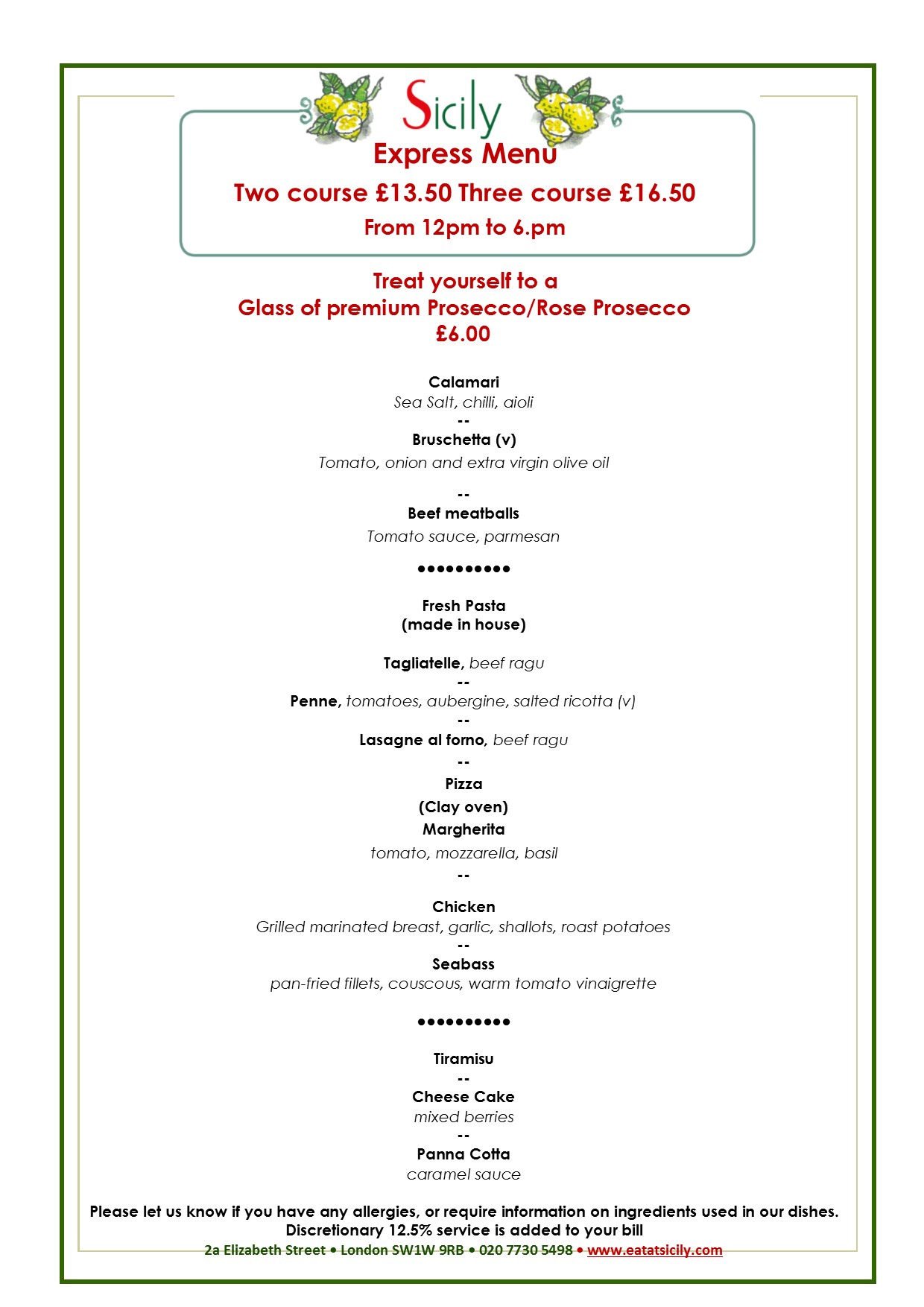 Sicily Italian Restaurant Lunch Menu