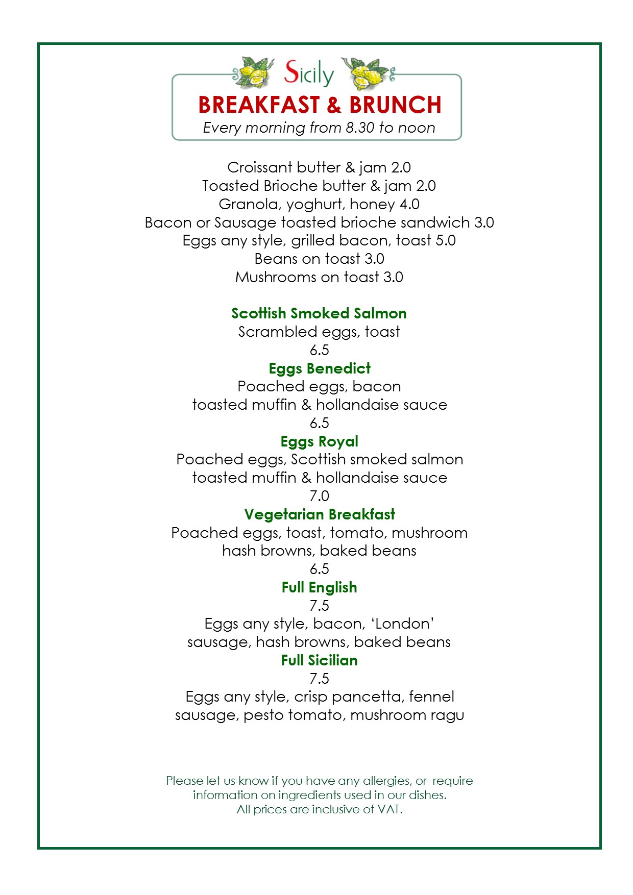 Sicily Italian Restaurant Breakfast Menu Sicily Italian Restaurant Breakfast Menu
