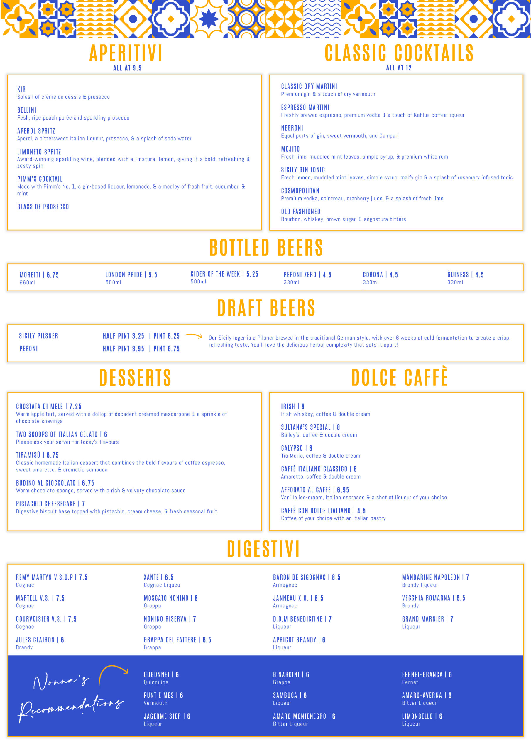 desserts & drinks menu