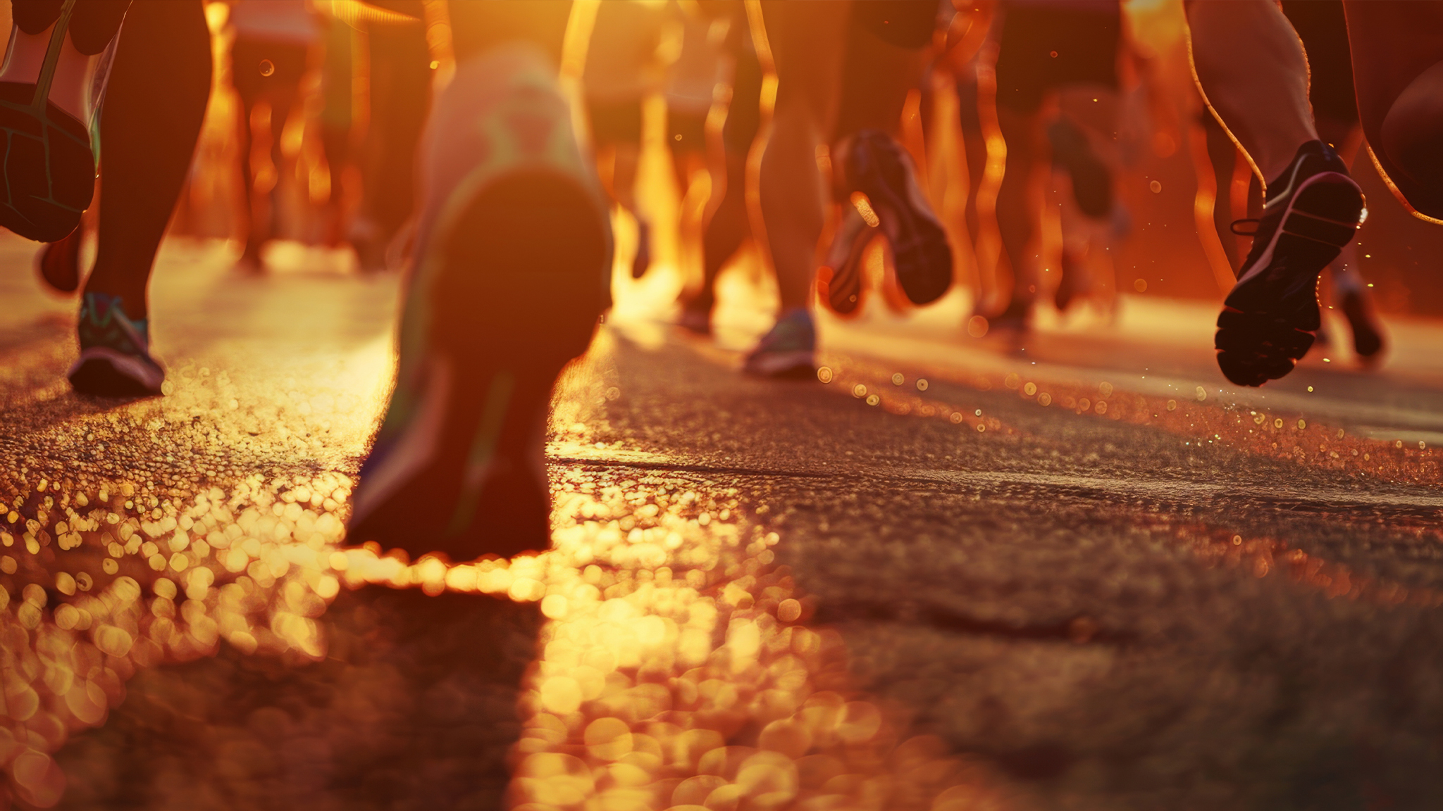 Close-up of runners legs and shoes during a marathon at sunrise.