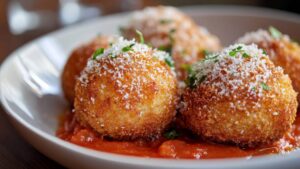crispy arancini balls served on a bed of tomato sauce